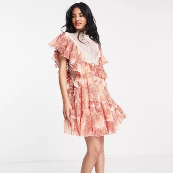 ASOS Paisley Flounce Tiered Mini Dress Lace & Ruffle Size 4 - Picture 1 of 12